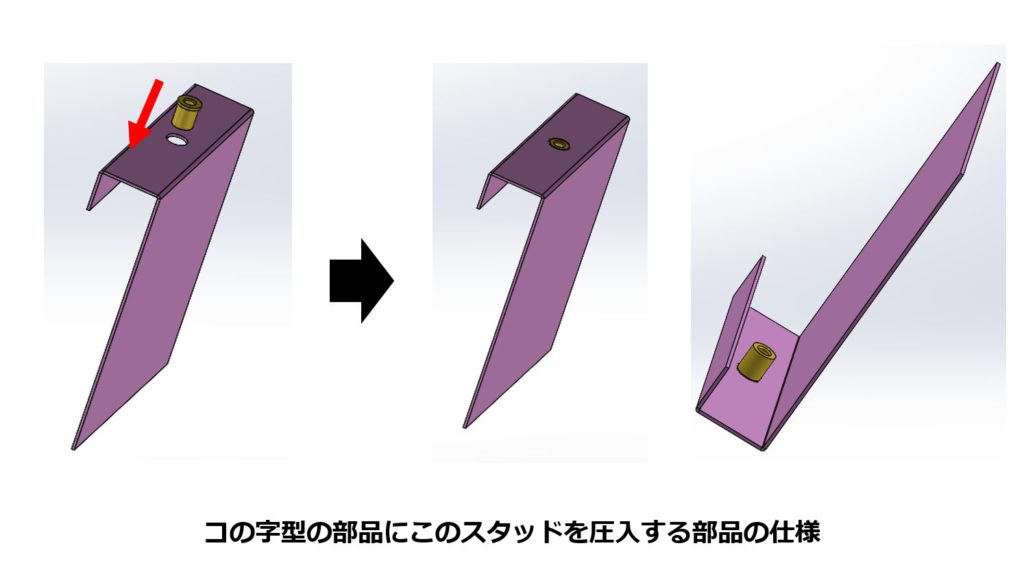 コの字型の部品にスタッドを圧入する