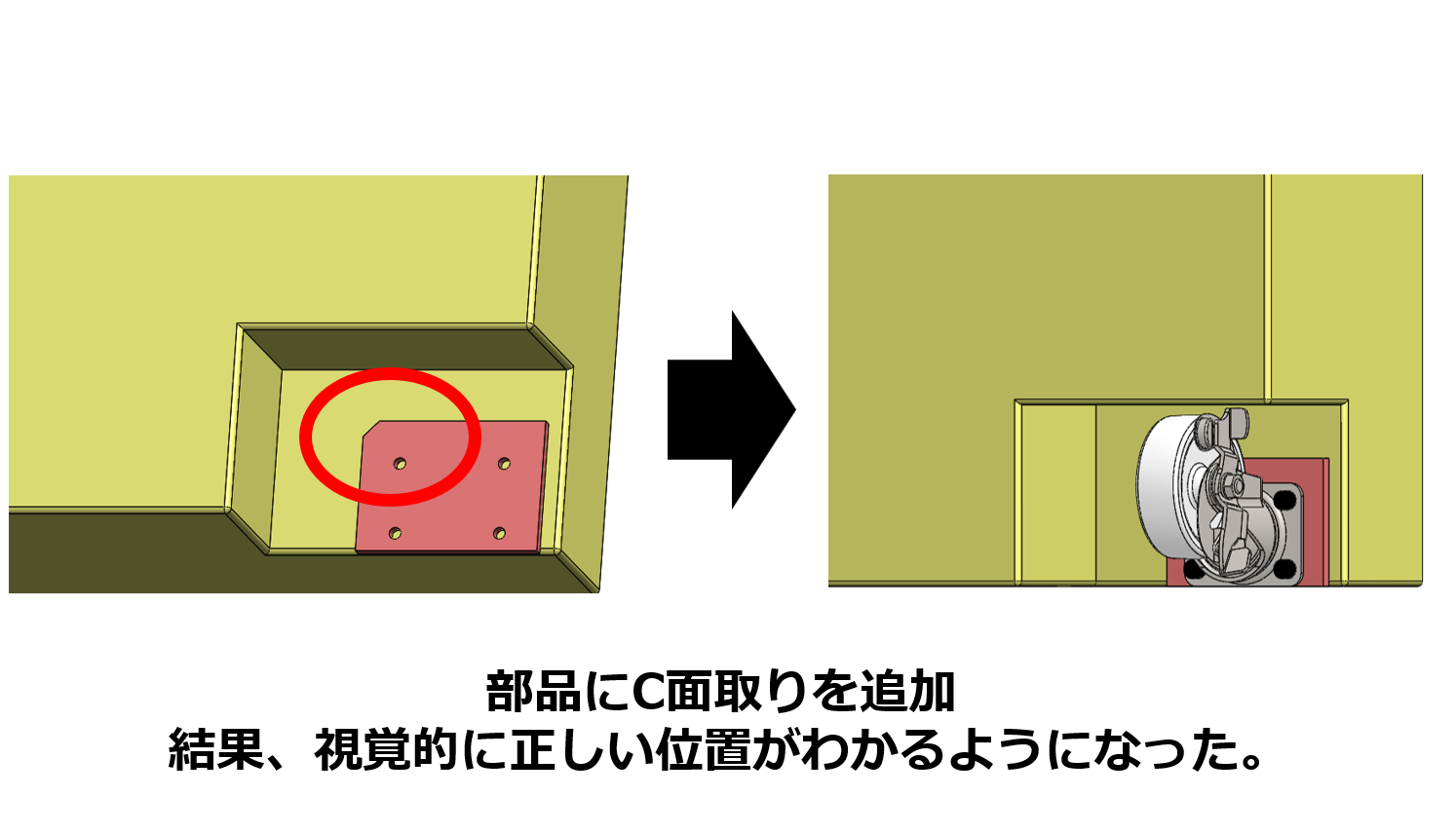 部品にC面取りを追加結果、視覚的に正しい位置がわかるようになった。 