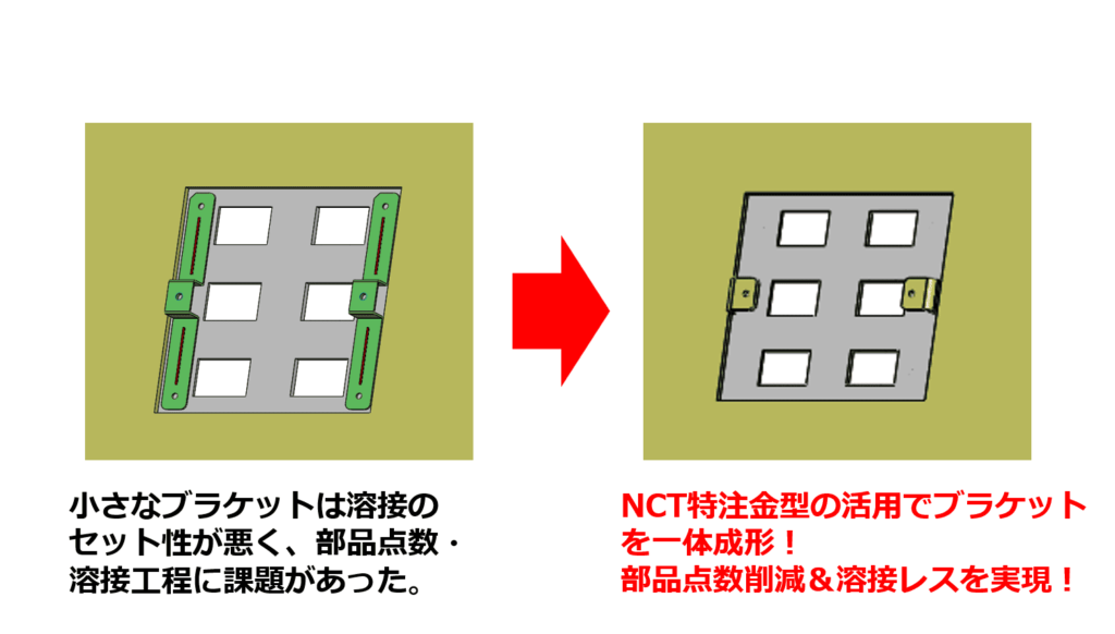 NCT特注金型の活用でブラケットを一体成形!部品点数削減&溶接レスを実現! (1)
